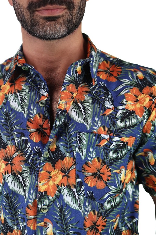 Camisa Manga Corta Estampado Tropical Slim Fit Para Caballero